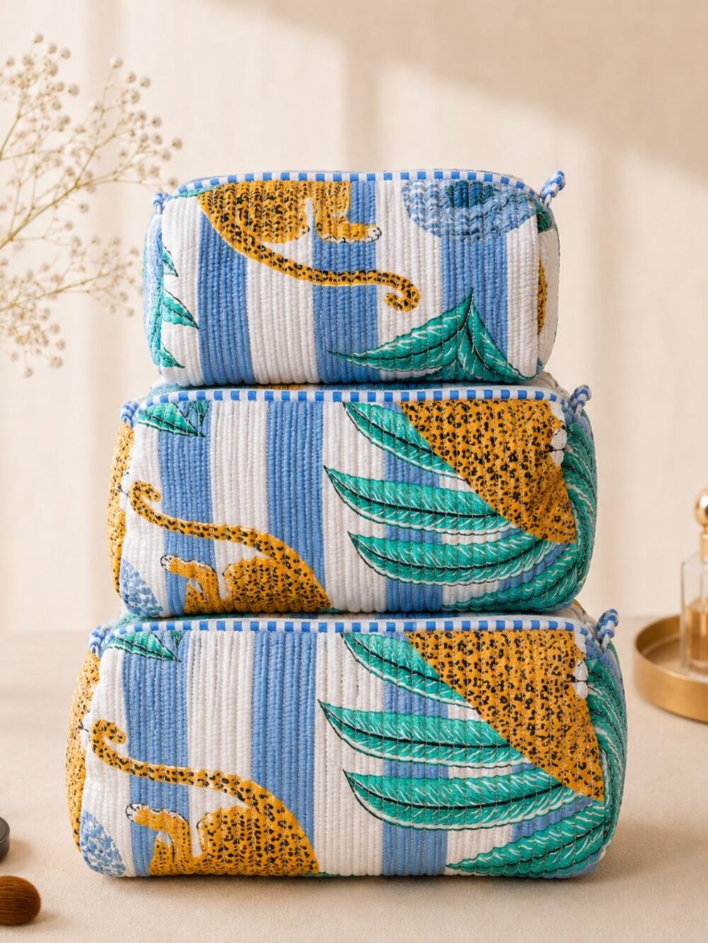 Set Of 3 Block Print Toiletry Bags, Cotton Makeup Bag, Cosmetic Bag Set Gift